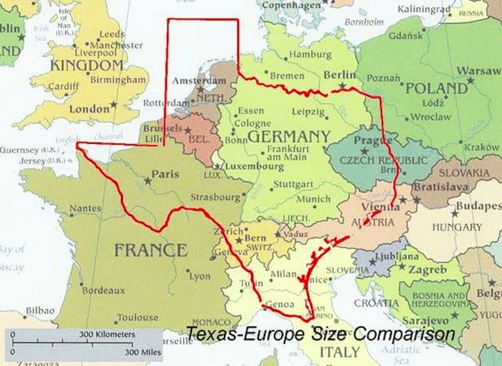 Texas Compared to the Size of Europe
