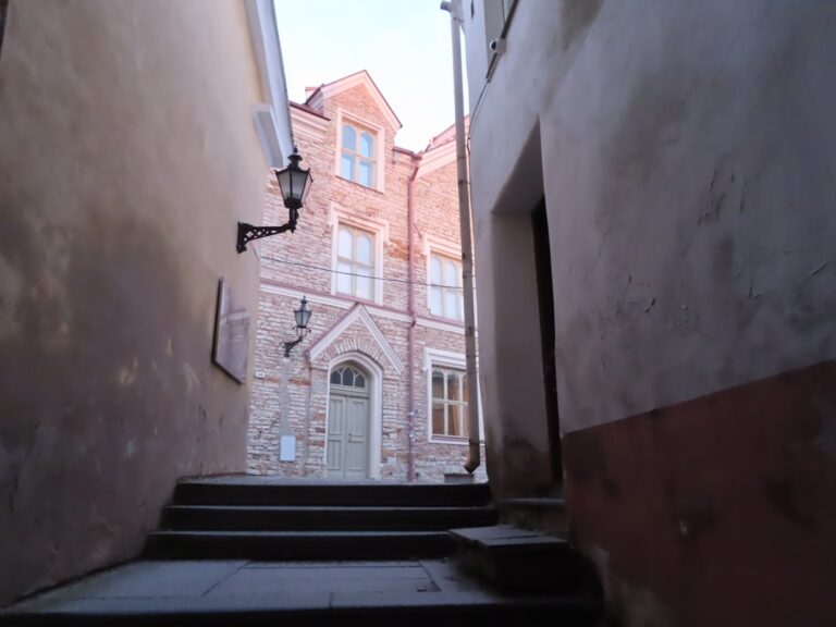 A narrow alleyway with stairs leading up to a building