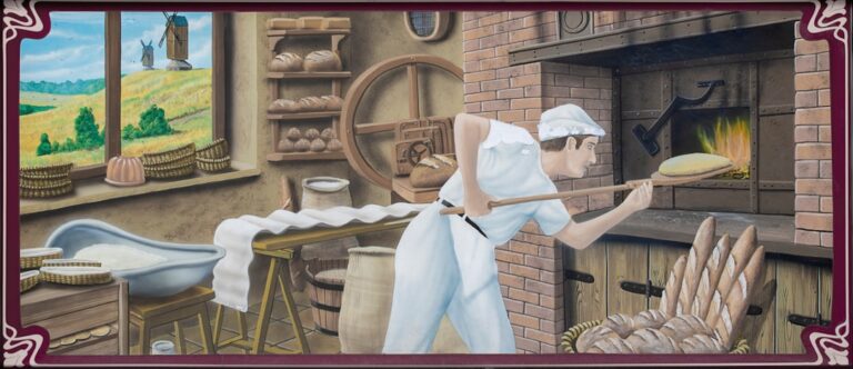 The baker puts bread into a wood-fired oven.