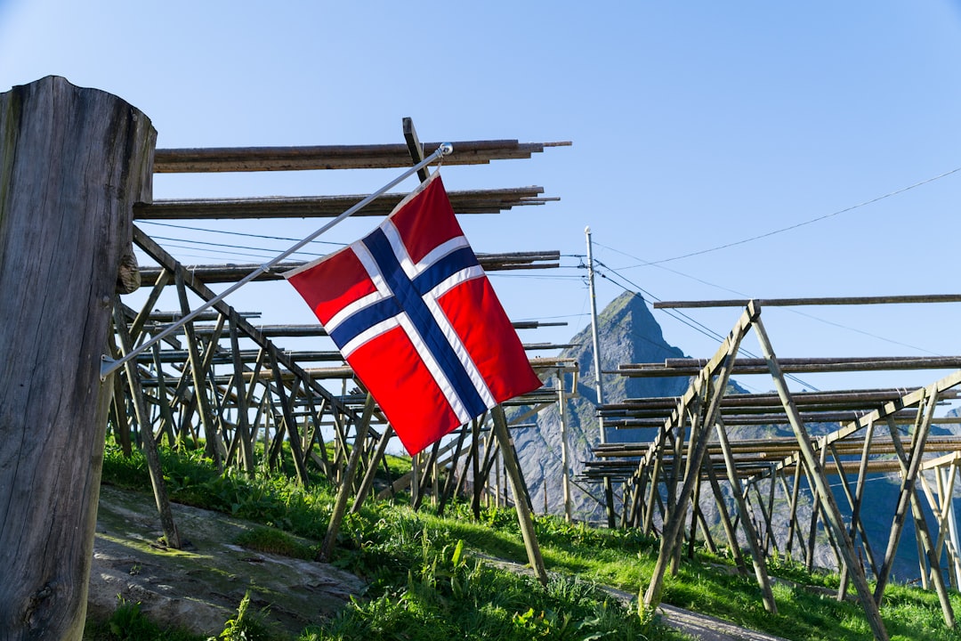 Norwegian flag and drying racks for cod.