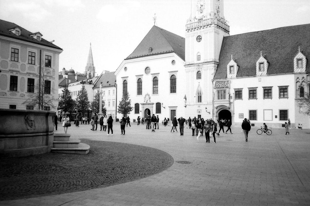 Main Square, Bratislava, Slovakia. Easter Sunday, 2022. Olympus XA on Agfa APX 100 B&W film.